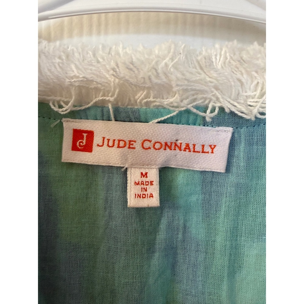 Jude Connally Womens Medium Blue Green Gold Abstract Pintuck Fringe Shift Dress - Picture 2 of 4
